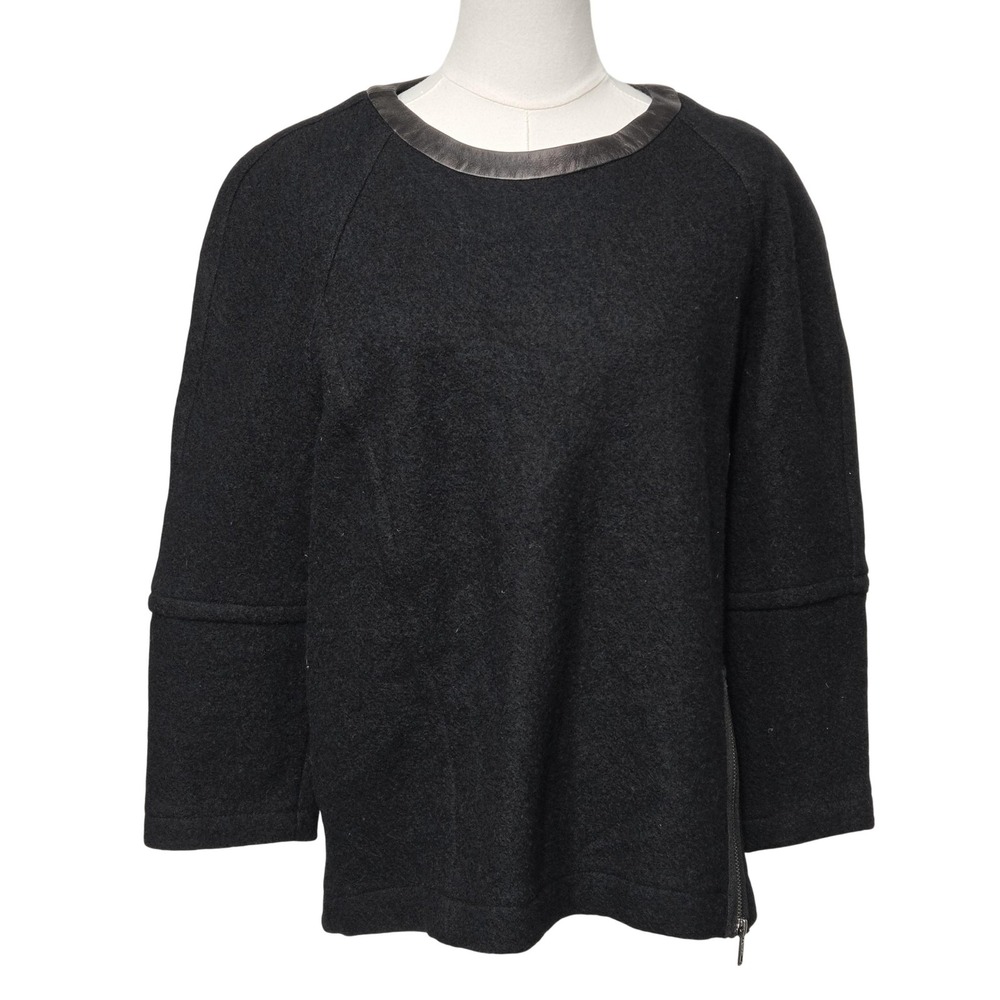 Madewell Sweater Womens Medium Black Wool Leather Trim Side Zip‎ Hem Pullover